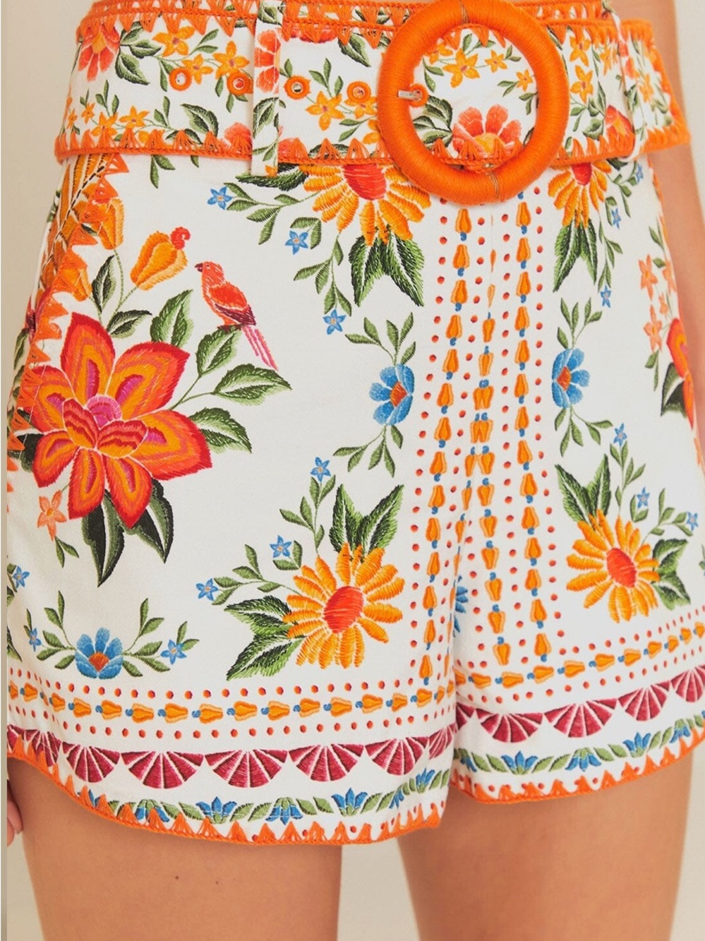 FARM Rio Garden Bloom High-Waist Floral Tropical Print Shorts with Orange Belt